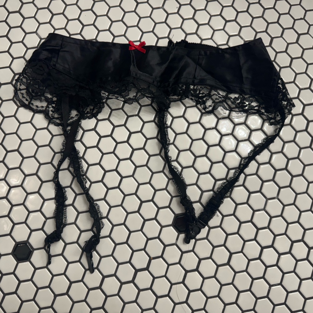 Union made vintage Black Lace Garter Belt with Red Bow one size